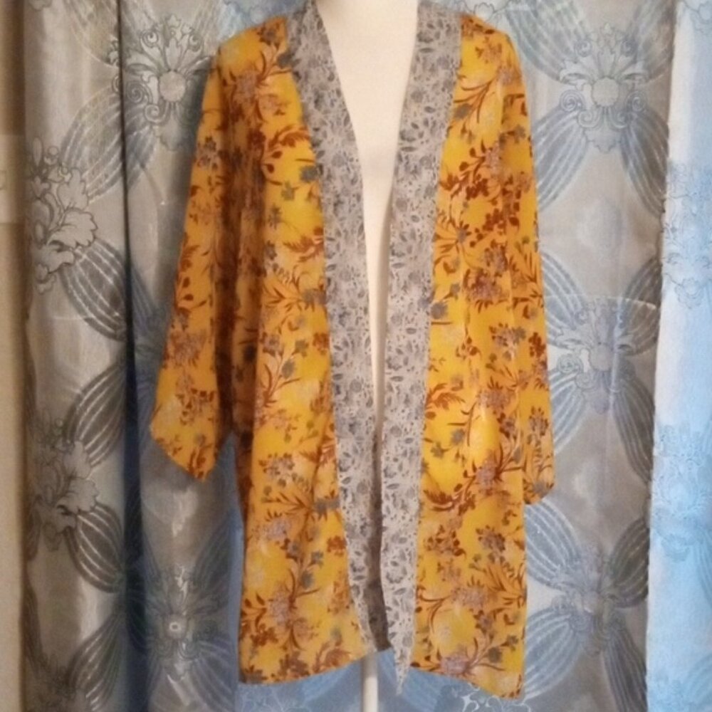 Japna Mustard Yellow Floral Kimono Duster Cardigan S - Picture 3 of 6